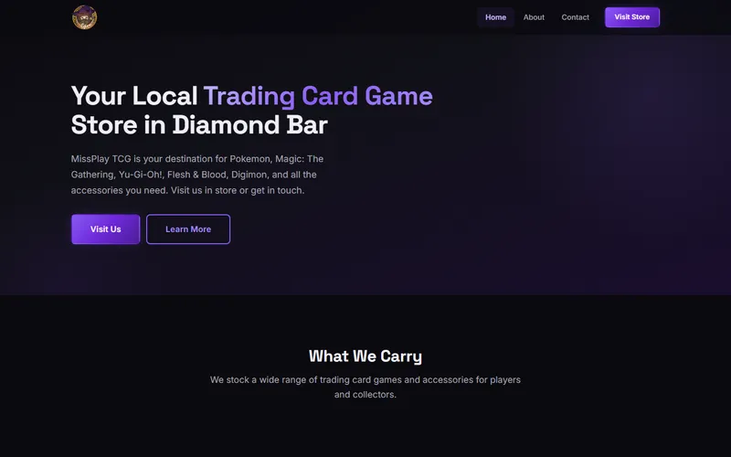 MissPlay TCG: storefront site for a local trading card game shop and tournament venue
