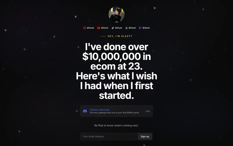 Slastt: creator personal-brand landing page with kinetic starfield hero